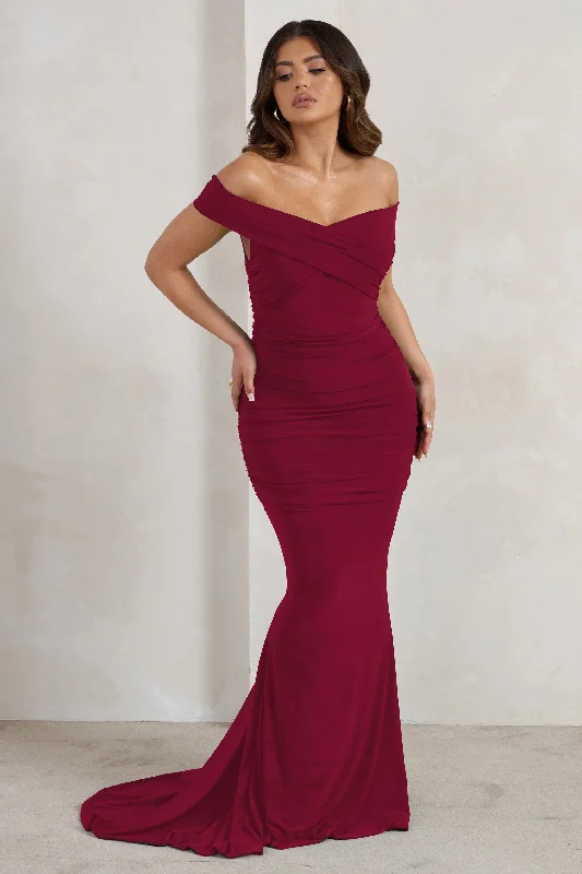 Apolline | Berry Off The Shoulder Ruched Fishtail Maxi Dress