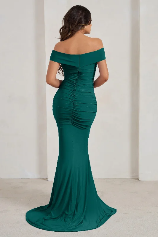 Apolline | Bottle Green Off The Shoulder Ruched Fishtail Maxi Dress