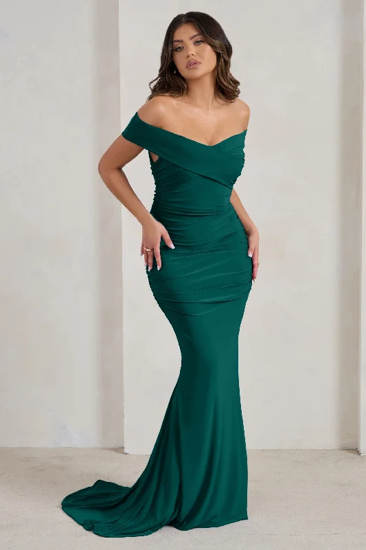 Apolline | Bottle Green Off The Shoulder Ruched Fishtail Maxi Dress