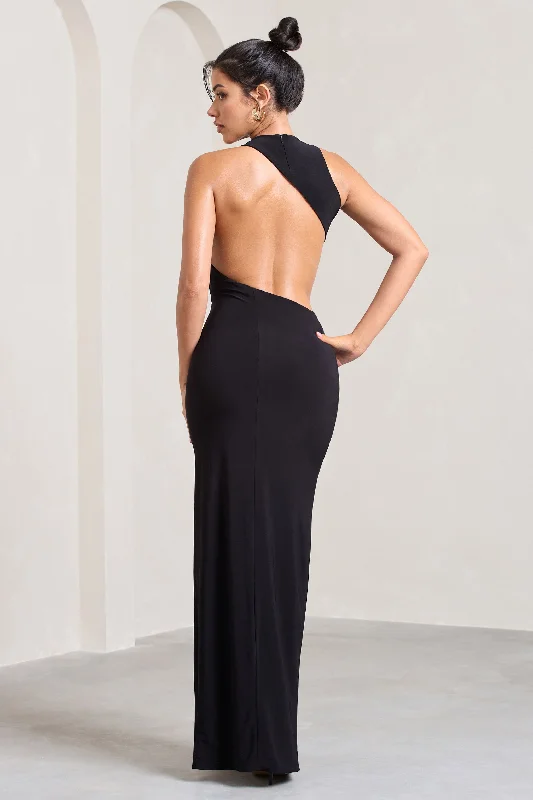 Ashley | Black Asymmetric Sleeveless Cut-Out Split Maxi Dress