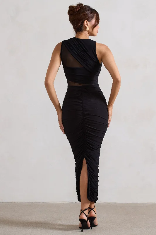 Born With It | Black Sleeveless High-Neck Draped Maxi Dress With Mesh Inserts