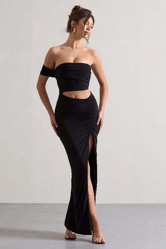 Gilded | Black One-Sleeved Cut-Out Split Maxi Dress