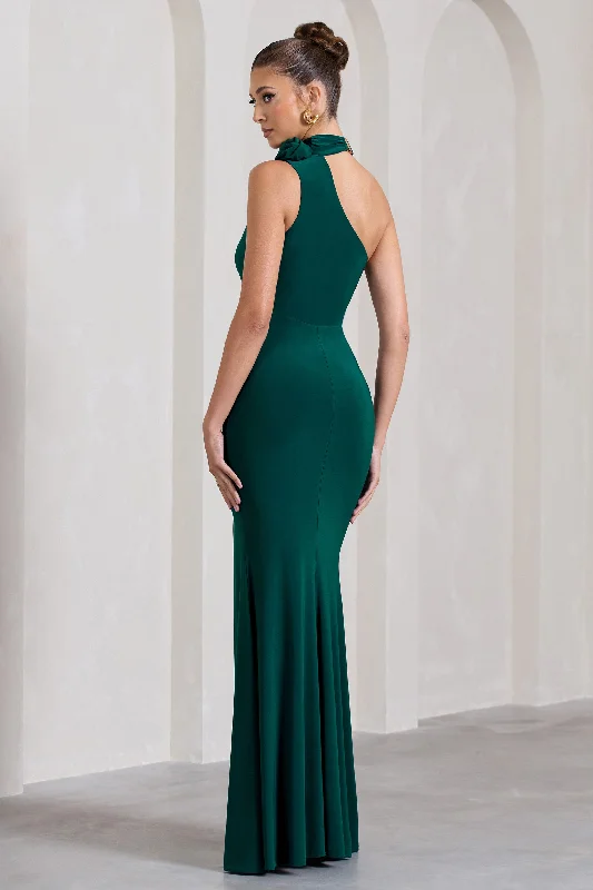 In Suspense | Bottle Green One Shoulder Halter-Neck Split Maxi Dress With Flower