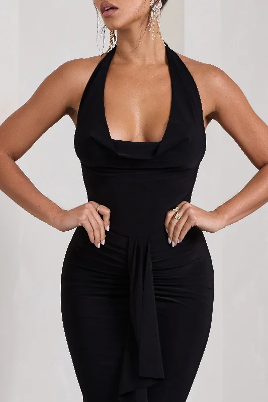 Kaia | Black Ruched Cowl-Neck Maxi Dress With Drape