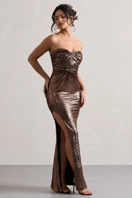 Nomad | Bronze Metallic Strapless Split Maxi Dress