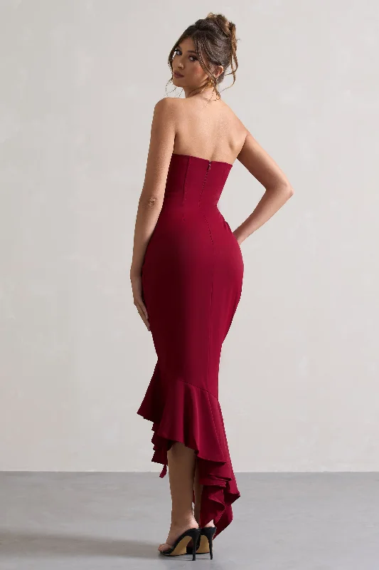 Sandy | Berry Strapless Corset Asymmetric Maxi Dress