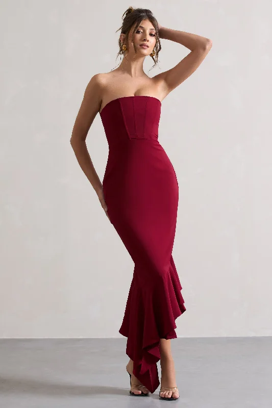 Sandy | Berry Strapless Corset Asymmetric Maxi Dress