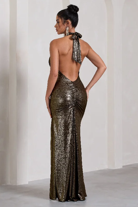 Star Quality | Gold Metallic Halter-Neck Open-Back Split Maxi Dress