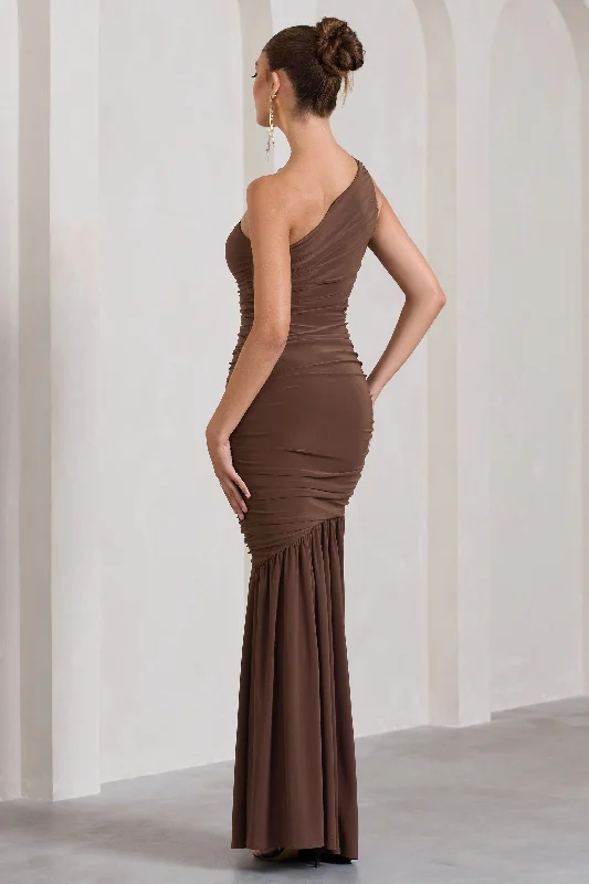 The Limelight | Chocolate One Shoulder Ruched Fishtail Maxi Dress