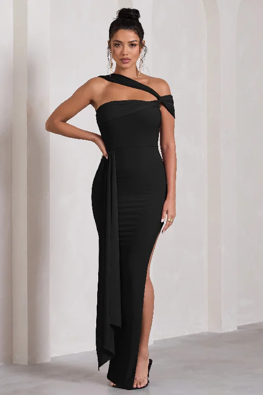 To The Max | Black Strappy Asymmetric Split Maxi Dress With Drape