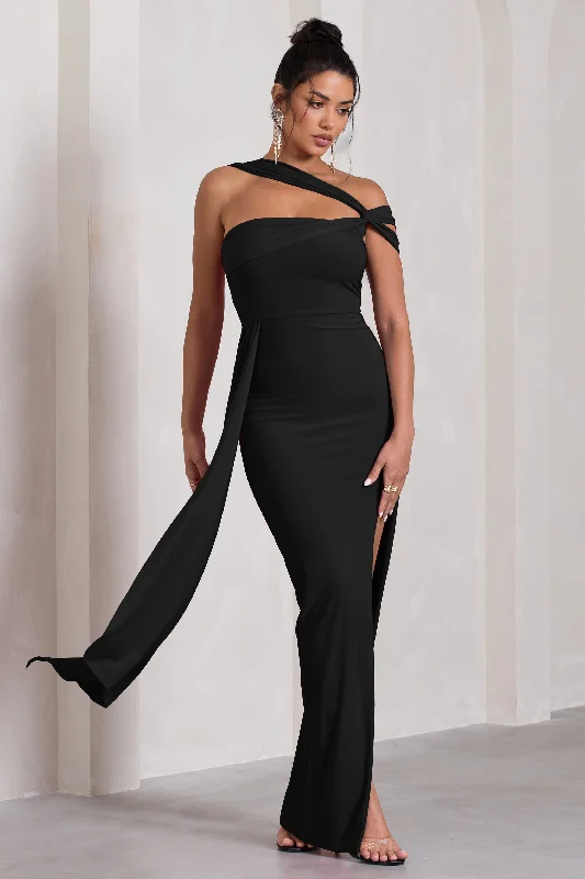 To The Max | Black Strappy Asymmetric Split Maxi Dress With Drape