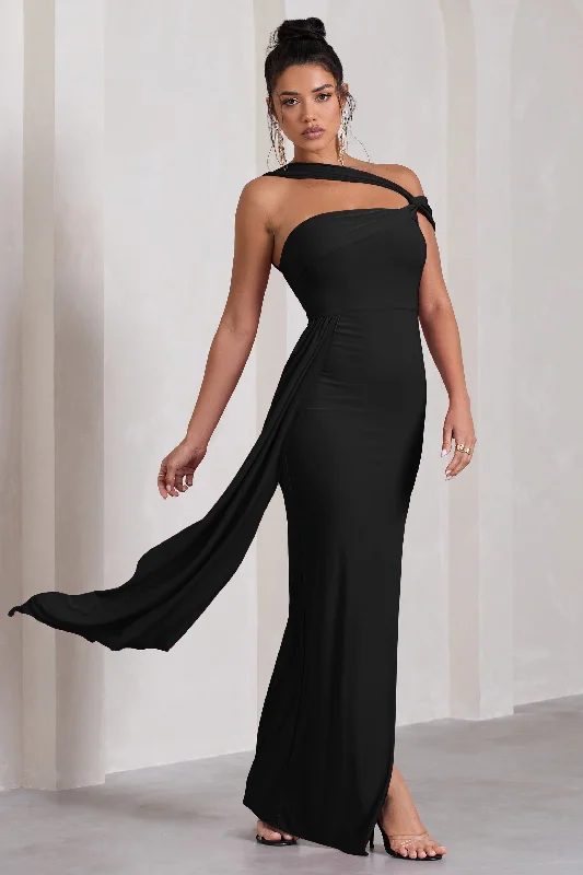 To The Max | Black Strappy Asymmetric Split Maxi Dress With Drape