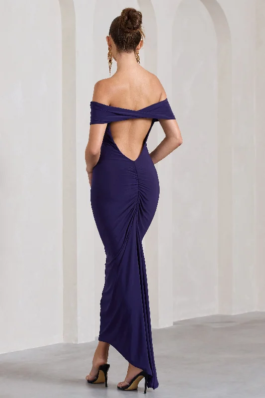 Vivienne | Purple Bardot Open-Back Maxi Dress