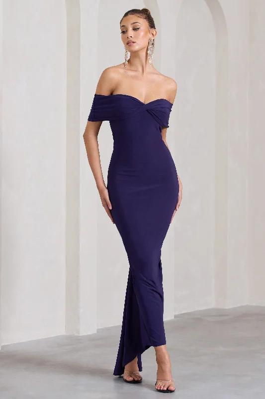 Vivienne | Purple Bardot Open-Back Maxi Dress