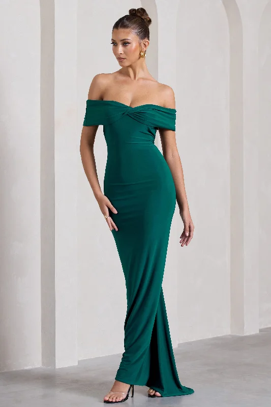 Vivienne | Bottle Green Bardot Open-Back Maxi Dress