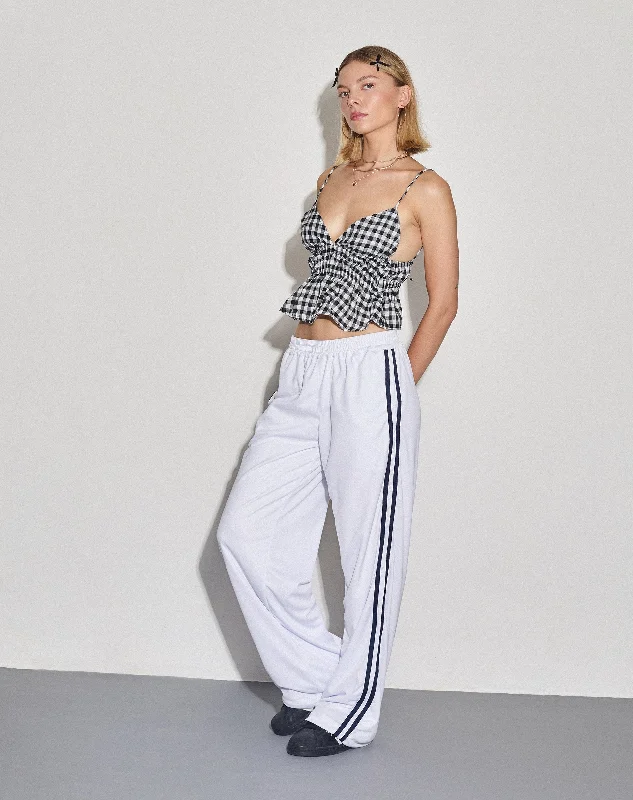 Coze Wide Leg Jogger in White with Navy Double Stripe