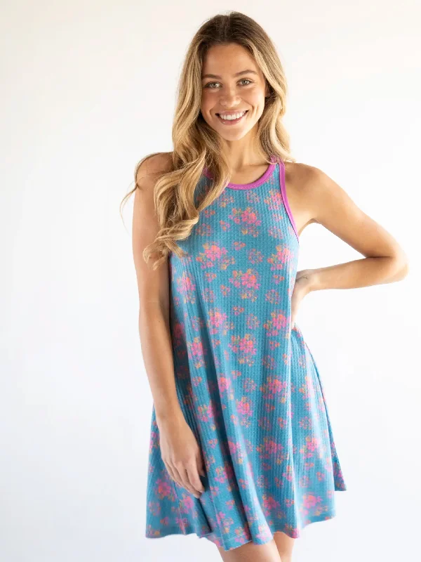 Mix & Match Waffle Nightgown - Turquoise Pink Mustard Floral