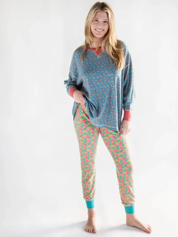 Mix & Match Waffle Pajama Top - Bright Turquoise Floral