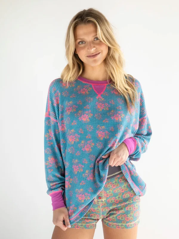 Mix & Match Waffle Pajama Top - Turquoise Pink Mustard Floral