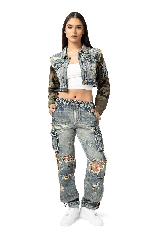 Mix Media Cropped Jean Jacket - Florence Blue