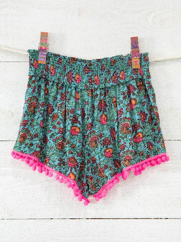 Pom Pom Shorts - Turquoise Pink Floral