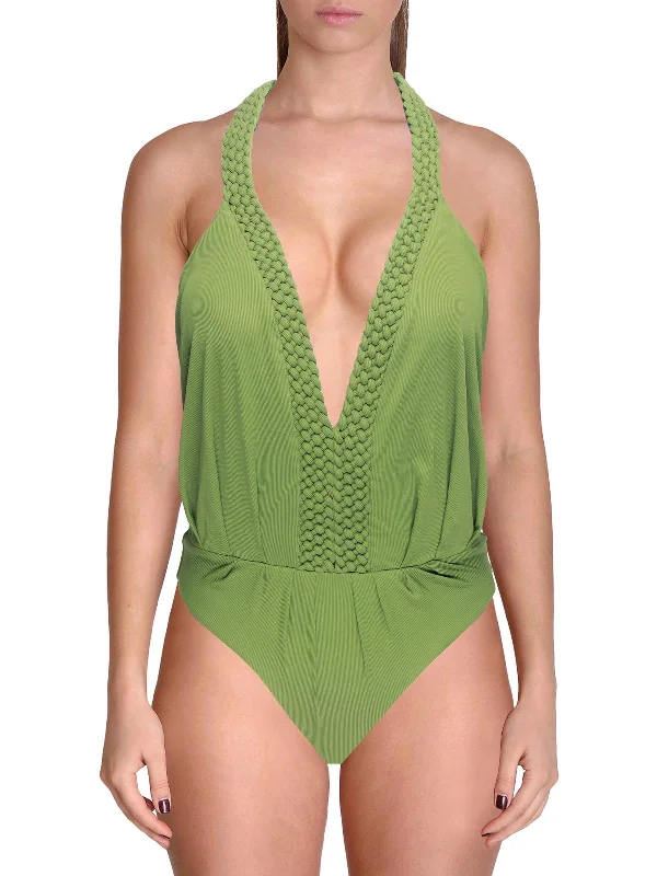 Seashell Womens Halter Deep V Neck One-Piece Swimsuit