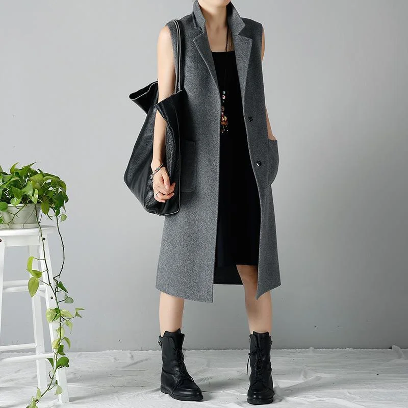 Fine gray long woolen vest women's coat  New