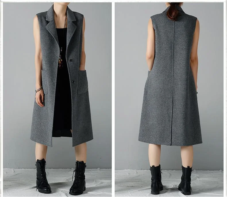 Fine gray long woolen vest women's coat  New