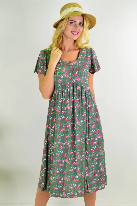 Green Floral Flutter Sleeve Shift Dress Tunic