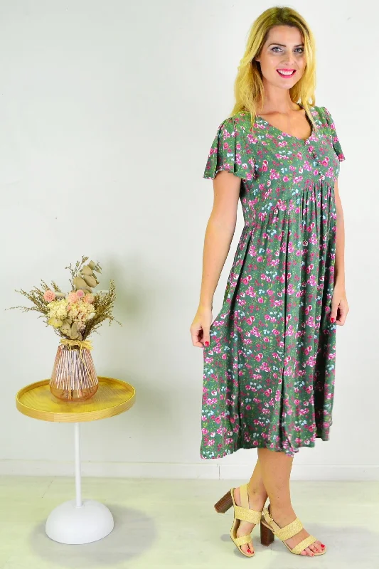 Green Floral Flutter Sleeve Shift Dress Tunic