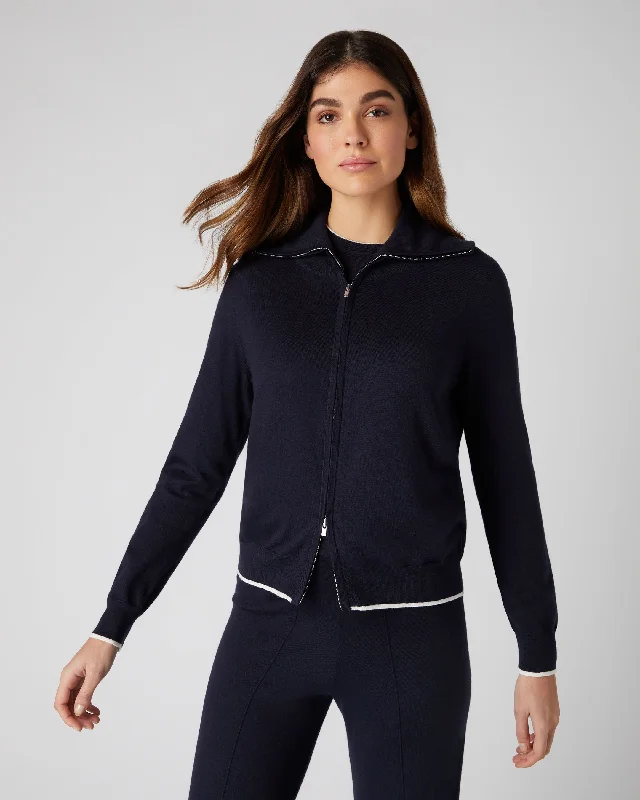 Women's Cotton Cashmere Full Zip Sweater Navy Blue