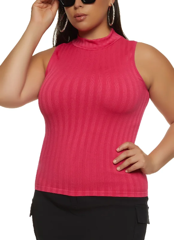 Plus Size Seamless Ribbed Knit Mock Neck Tank Top