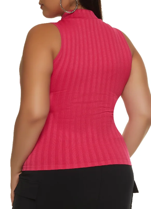 Plus Size Seamless Ribbed Knit Mock Neck Tank Top