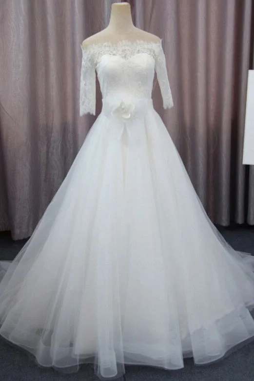 A Line 3/4 Sleeves Tulle Wedding Dresses with Flowers Fluffy Off Shoulder Bridal Dresses with Lace N963