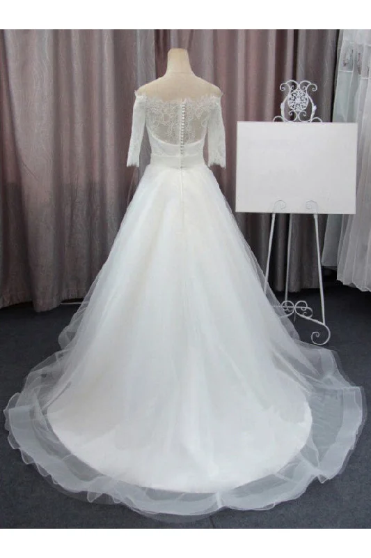 A Line 3/4 Sleeves Tulle Wedding Dresses with Flowers Fluffy Off Shoulder Bridal Dresses with Lace N963