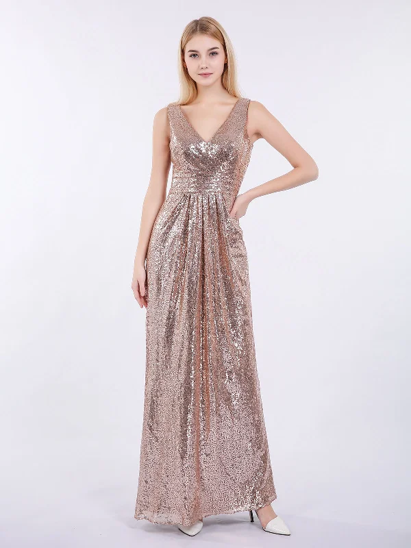 Sheath V neck Sequins Long Dress Metallic Gold