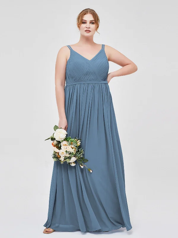 Double Strap Chiffon Bridesmaid Dresses Slate Blue Plus Size