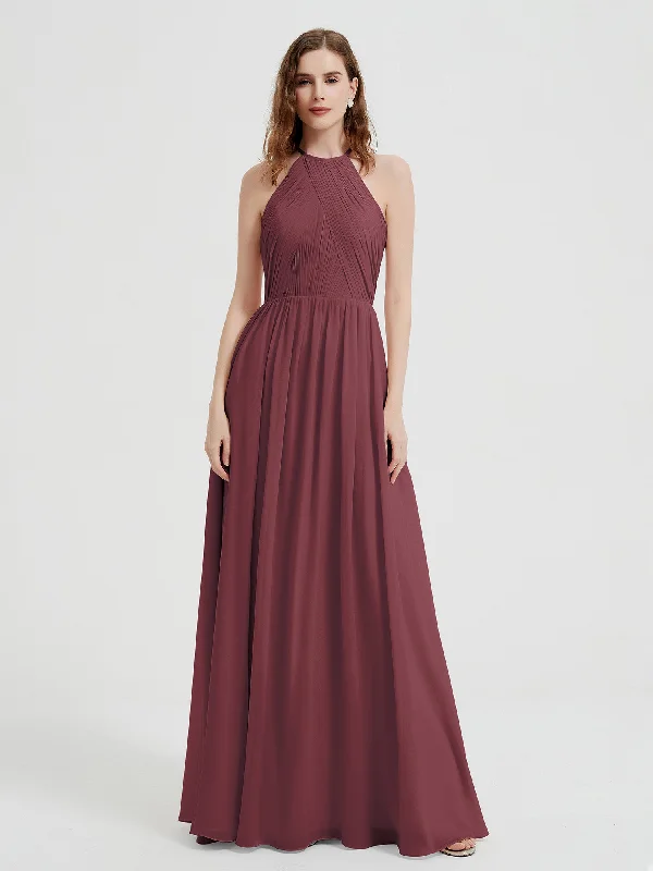 Halter Chiffon Dresses with Pleated Bodice Mulberry