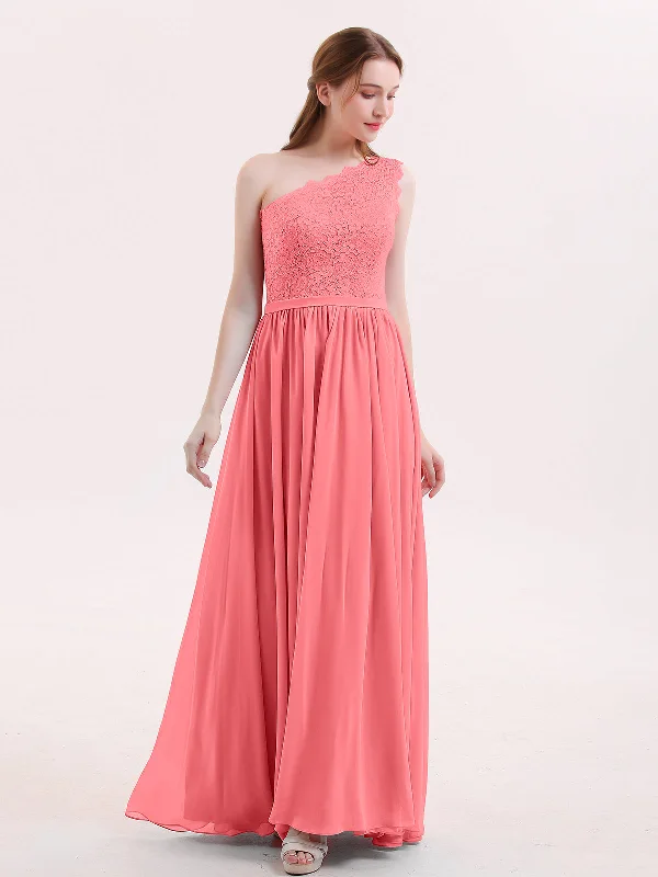 One Shoulder Lace and Chiffon Dresses Watermelon