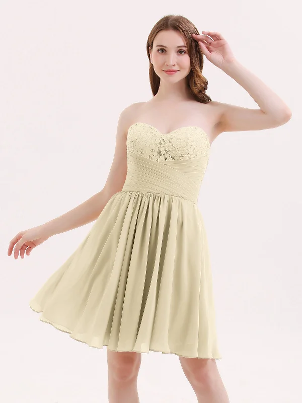 Strapless Short Chiffon Dress with Sweetheart Neck Champagne