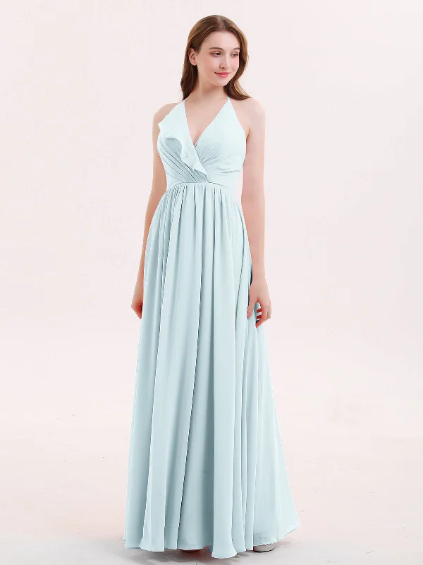 V Neck Full Length Chiffon Bridesmaid Dress Mist