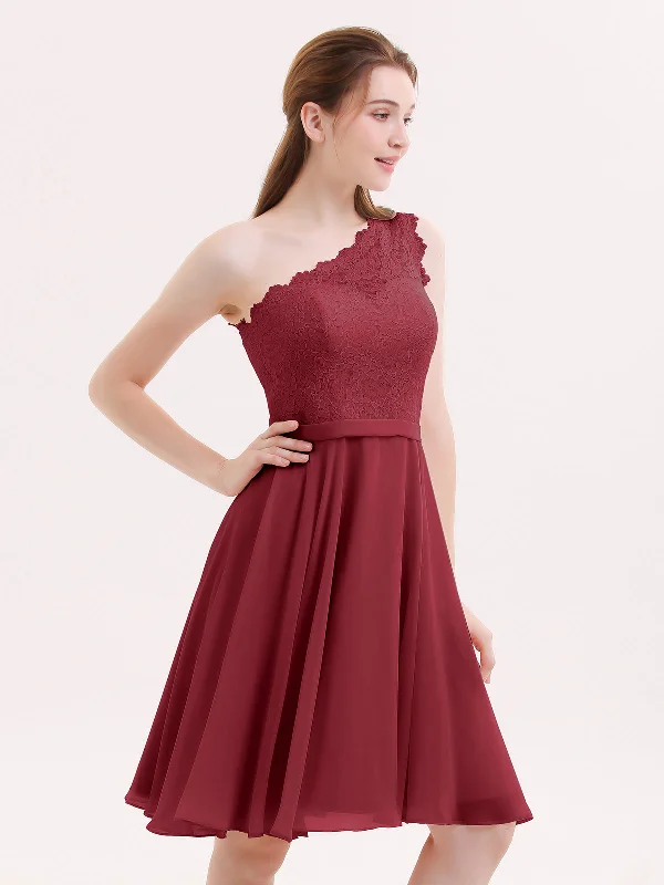 One Shoulder Short Lace Bridesmaid Dress Burgundy