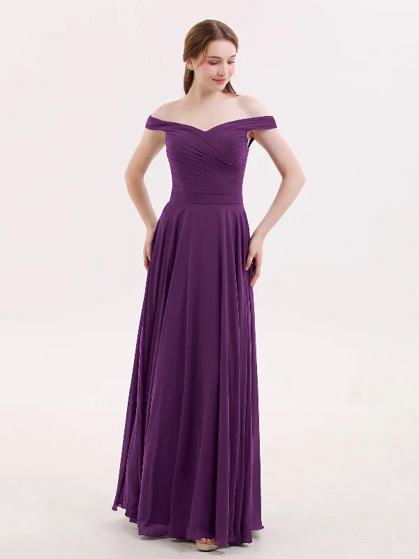 Off Shoulder Full Length Chiffon Dress Grape