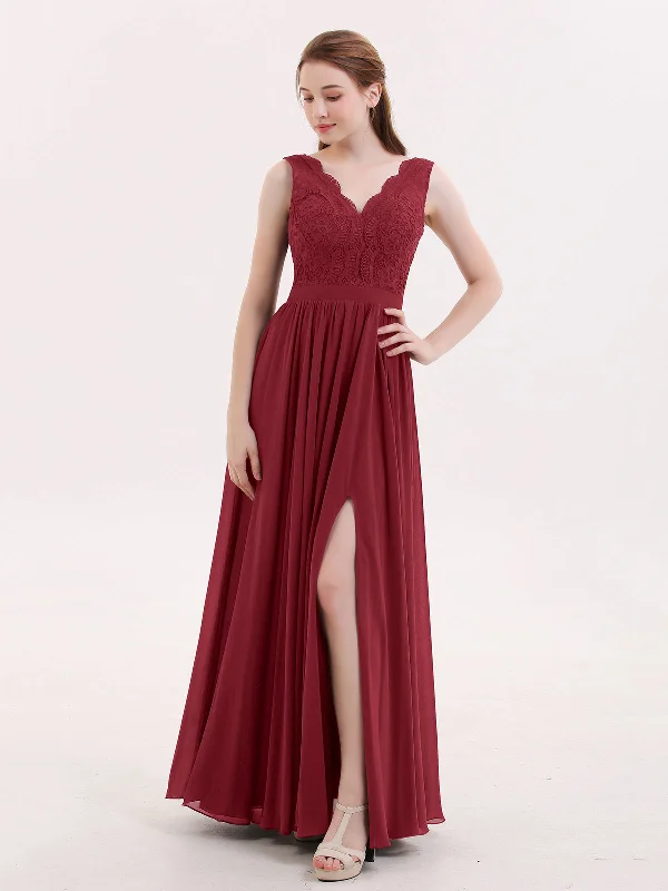 Lace and Chiffon Sexy Dress with Slit Burgundy