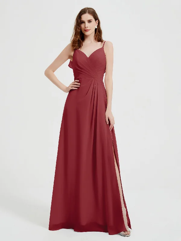 Spaghetti Straps V neck Dresses with Slit Burgundy