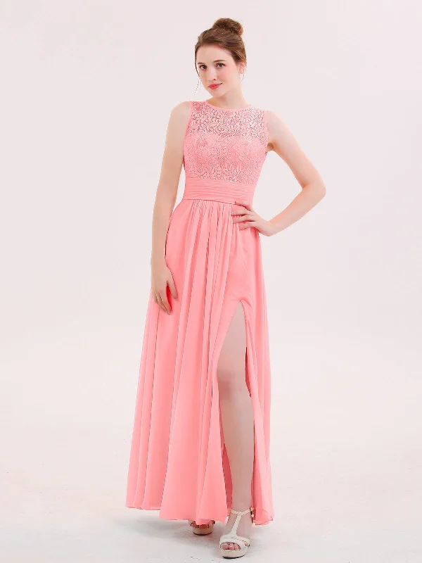 Illusion Neck Lace and CHIffon Dress with Slit Flamingo