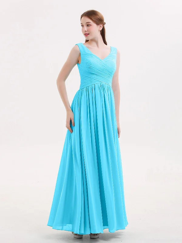 V Neck Maxi Chiffon Dresses with Ziper Back Pool