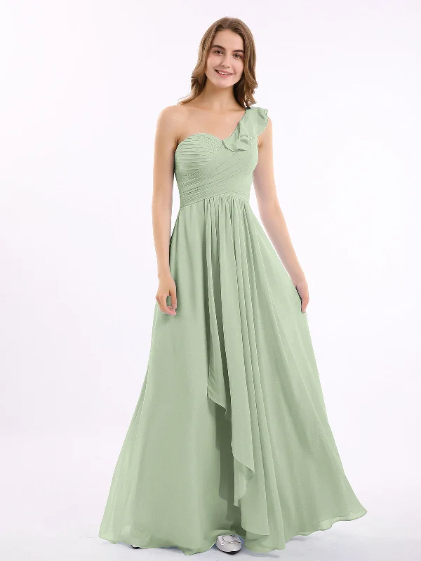 One ruffle Shoulder Long Bridesmaid Dress Dusty Sage