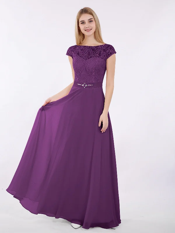 Cap Sleeves Chiffon Dress with Sash Grape