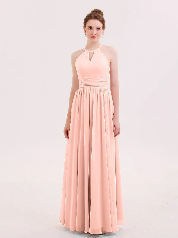 Halter Long Chiffon Dress of Bridesmaids Coral